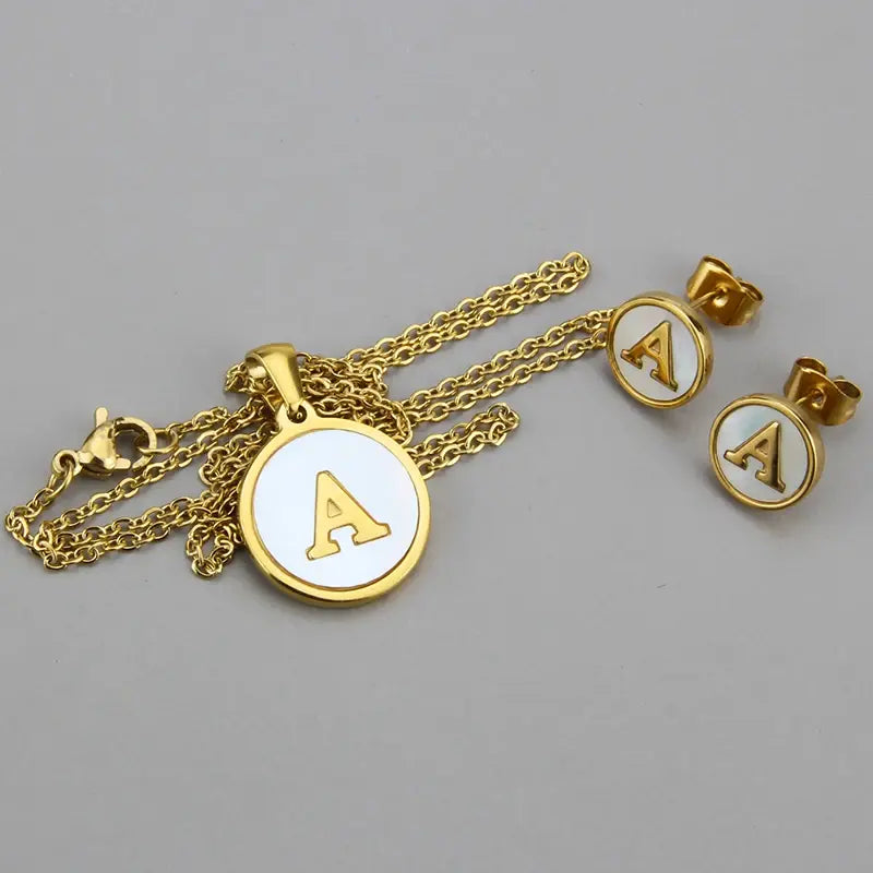 SUNSLL Titanium Steel Gold Plated Pendant Necklace Initial Letter Shell Jewelry Set And Fashion Earring For Accessories Women