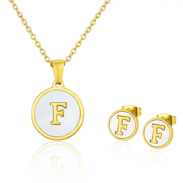 SUNSLL Titanium Steel Gold Plated Pendant Necklace Initial Letter Shell Jewelry Set And Fashion Earring For Accessories Women