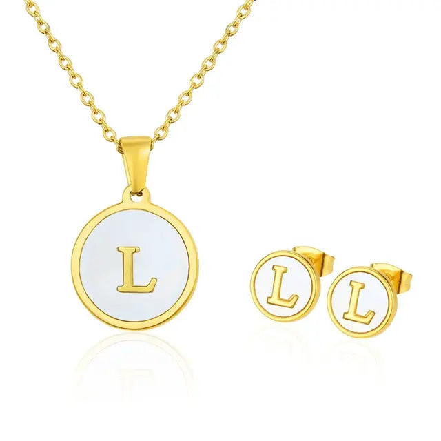 SUNSLL Titanium Steel Gold Plated Pendant Necklace Initial Letter Shell Jewelry Set And Fashion Earring For Accessories Women