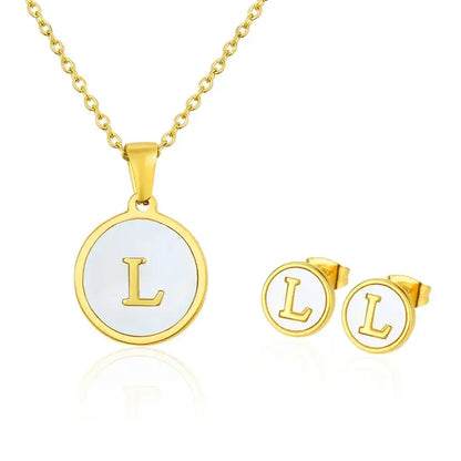 SUNSLL Titanium Steel Gold Plated Pendant Necklace Initial Letter Shell Jewelry Set And Fashion Earring For Accessories Women