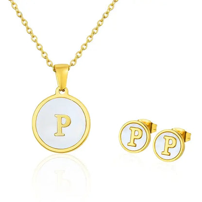 SUNSLL Titanium Steel Gold Plated Pendant Necklace Initial Letter Shell Jewelry Set And Fashion Earring For Accessories Women