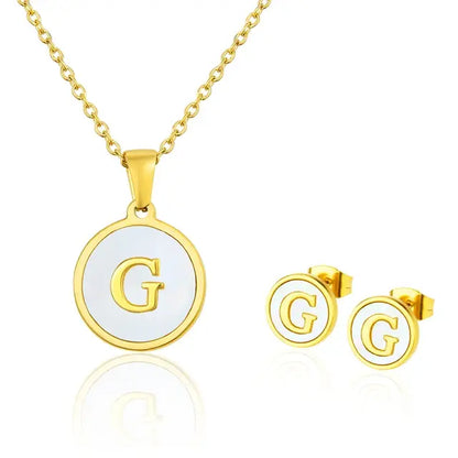 SUNSLL Titanium Steel Gold Plated Pendant Necklace Initial Letter Shell Jewelry Set And Fashion Earring For Accessories Women