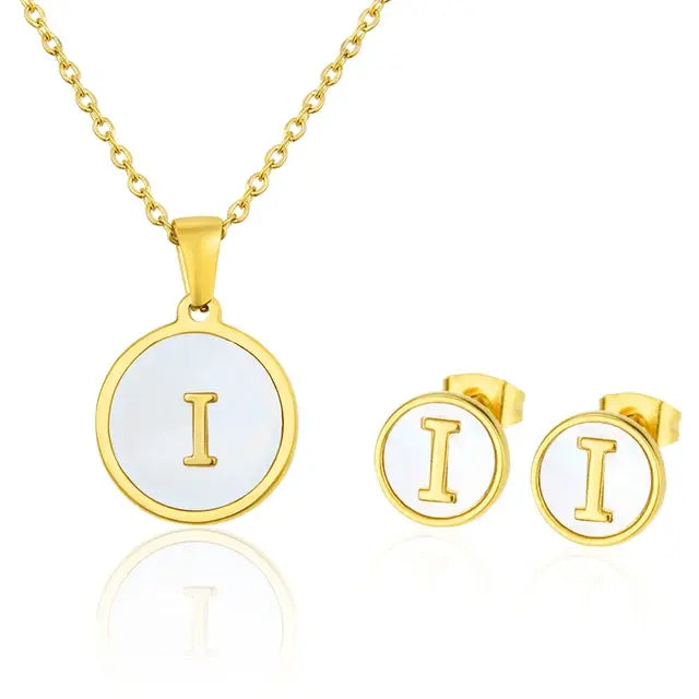 SUNSLL Titanium Steel Gold Plated Pendant Necklace Initial Letter Shell Jewelry Set And Fashion Earring For Accessories Women