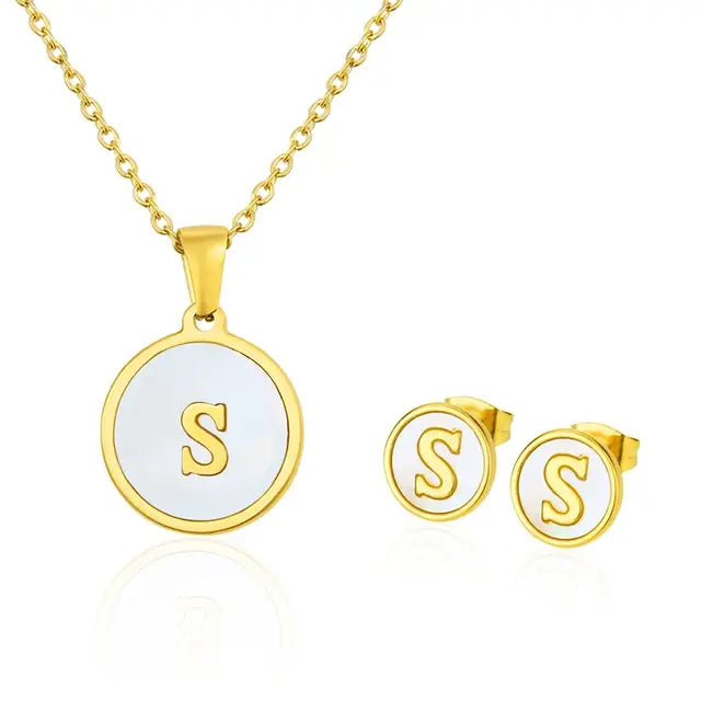 SUNSLL Titanium Steel Gold Plated Pendant Necklace Initial Letter Shell Jewelry Set And Fashion Earring For Accessories Women