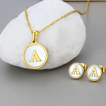 SUNSLL Titanium Steel Gold Plated Pendant Necklace Initial Letter Shell Jewelry Set And Fashion Earring For Accessories Women