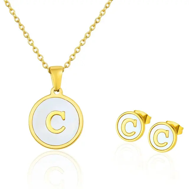 SUNSLL Titanium Steel Gold Plated Pendant Necklace Initial Letter Shell Jewelry Set And Fashion Earring For Accessories Women