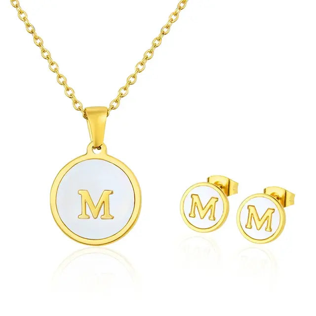 SUNSLL Titanium Steel Gold Plated Pendant Necklace Initial Letter Shell Jewelry Set And Fashion Earring For Accessories Women