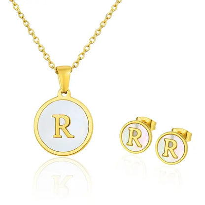 SUNSLL Titanium Steel Gold Plated Pendant Necklace Initial Letter Shell Jewelry Set And Fashion Earring For Accessories Women