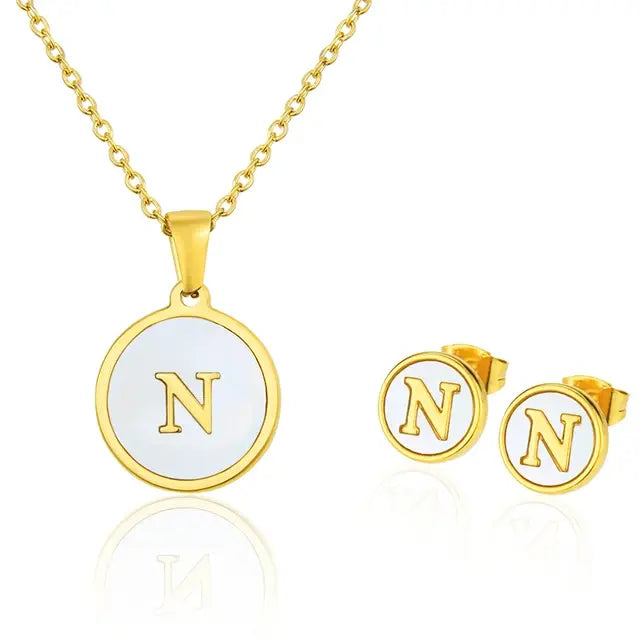 SUNSLL Titanium Steel Gold Plated Pendant Necklace Initial Letter Shell Jewelry Set And Fashion Earring For Accessories Women