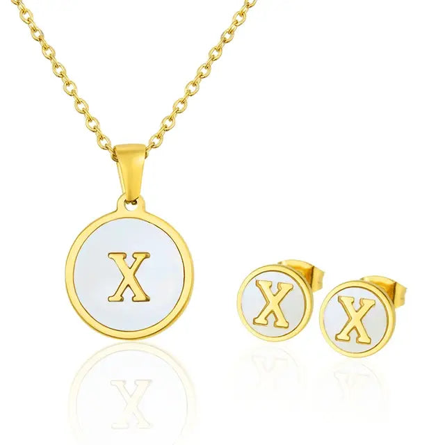 SUNSLL Titanium Steel Gold Plated Pendant Necklace Initial Letter Shell Jewelry Set And Fashion Earring For Accessories Women