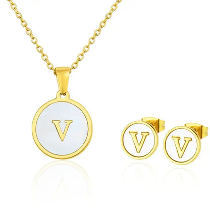 SUNSLL Titanium Steel Gold Plated Pendant Necklace Initial Letter Shell Jewelry Set And Fashion Earring For Accessories Women