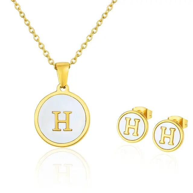 SUNSLL Titanium Steel Gold Plated Pendant Necklace Initial Letter Shell Jewelry Set And Fashion Earring For Accessories Women