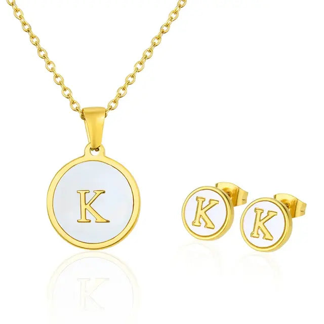 SUNSLL Titanium Steel Gold Plated Pendant Necklace Initial Letter Shell Jewelry Set And Fashion Earring For Accessories Women