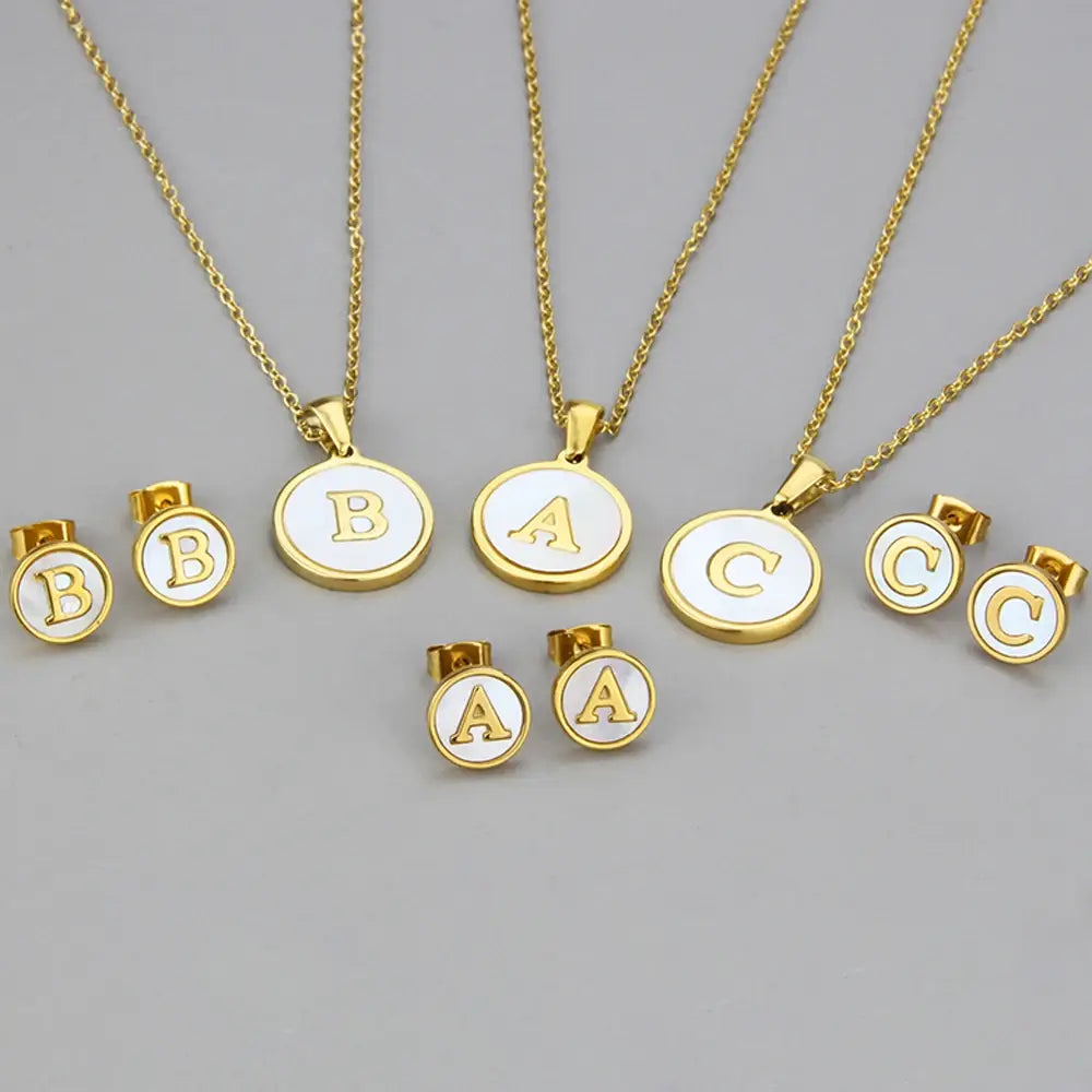 SUNSLL Titanium Steel Gold Plated Pendant Necklace Initial Letter Shell Jewelry Set And Fashion Earring For Accessories Women