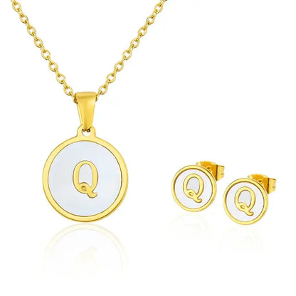 SUNSLL Titanium Steel Gold Plated Pendant Necklace Initial Letter Shell Jewelry Set And Fashion Earring For Accessories Women