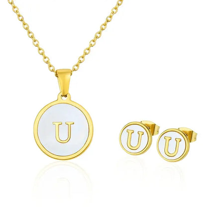 SUNSLL Titanium Steel Gold Plated Pendant Necklace Initial Letter Shell Jewelry Set And Fashion Earring For Accessories Women