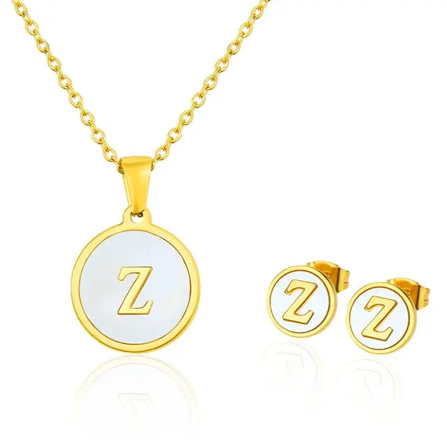 SUNSLL Titanium Steel Gold Plated Pendant Necklace Initial Letter Shell Jewelry Set And Fashion Earring For Accessories Women