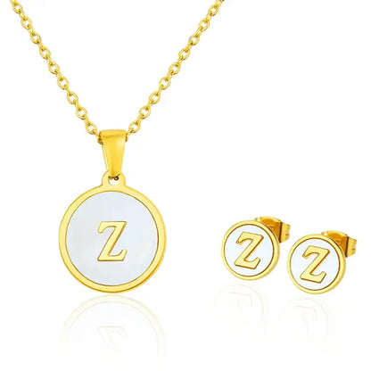 SUNSLL Titanium Steel Gold Plated Pendant Necklace Initial Letter Shell Jewelry Set And Fashion Earring For Accessories Women