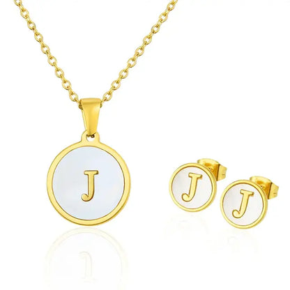 SUNSLL Titanium Steel Gold Plated Pendant Necklace Initial Letter Shell Jewelry Set And Fashion Earring For Accessories Women