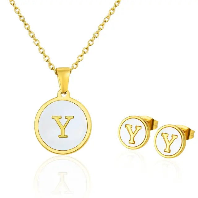 SUNSLL Titanium Steel Gold Plated Pendant Necklace Initial Letter Shell Jewelry Set And Fashion Earring For Accessories Women