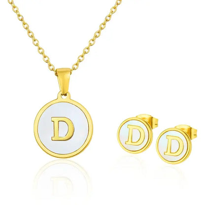 SUNSLL Titanium Steel Gold Plated Pendant Necklace Initial Letter Shell Jewelry Set And Fashion Earring For Accessories Women