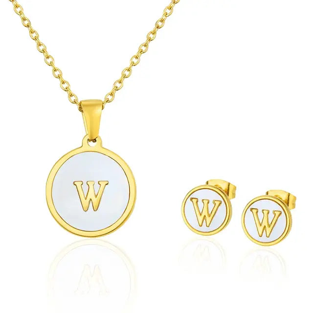 SUNSLL Titanium Steel Gold Plated Pendant Necklace Initial Letter Shell Jewelry Set And Fashion Earring For Accessories Women