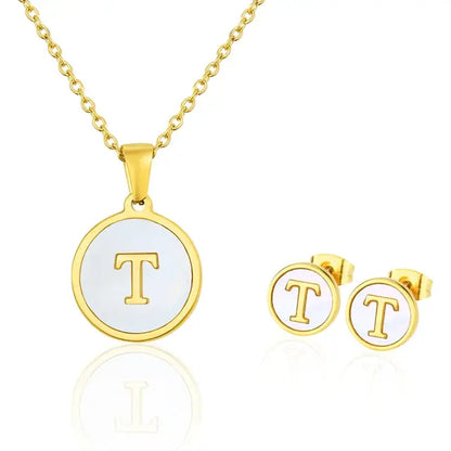 SUNSLL Titanium Steel Gold Plated Pendant Necklace Initial Letter Shell Jewelry Set And Fashion Earring For Accessories Women