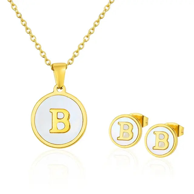 SUNSLL Titanium Steel Gold Plated Pendant Necklace Initial Letter Shell Jewelry Set And Fashion Earring For Accessories Women